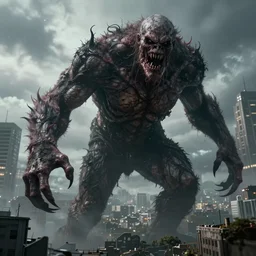 a large, hideous monster looming over a city, scary, photorealistic