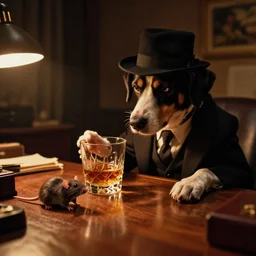 detective dog is drinking whyskey with a rat at his office, warm color palette, night time, dramatic lighting, noir film, fine details, high contrast, blacksad, juan diaz canales, juanjo guarnido, greg rutkowski, trending on artstation, 8 k, ultra wide angle