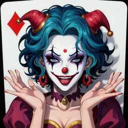 4K headshot of sexy goddess clown woman with and open hands and with giant joker playing card in background , full bodied , intricate face , flawless anime cel animation by Kentaro Miura, psychedelic , highly detailed upper body , professionally post-processed , beautiful, scary, symmetry accurate features, epic, octane rendered, anime masterpiece, accurate