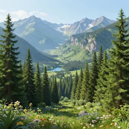 a beautiful and highly detailed matte painting of an epic lush mountain range stretching into the distance, fir trees, pine trees, flowers, a lake in the distance, intricate details, epic scale, insanely complex, 8 k, sharp focus, hyperrealism, very realistic, by caspar friedrich, albert bierstadt, greg rutowski, james gurney, zeen chin,