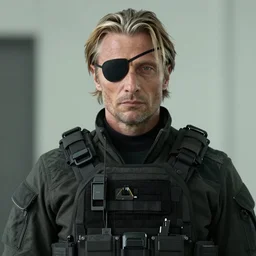 Mads Mikkelsen as Solid Snake in Metal Gear Solid (2022), eye patch on his right eye, tactical gear, high quality 4k