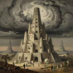 Thomas Hart Benton style tower of babel epic bible landscape Asher Brown Durand and Eddie Mendoza featured on ArtStation, fractal storm by Peter Mohrbache