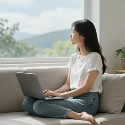 the girl sits next to the window on the sofa and looks at the beauty of the world, high detail of the face, high detail, high modernization, photorealistic, full body,