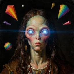 a baroque close - up shot of an alien shaman god with bright laser eyes. flying rainbow colored 3 d shapes. black background. studio lighting, big eyes. highly detailed science fiction fantasy painting by norman rockwell, moebius, frank frazetta, syd mead, and sandro botticelli. high contrast. renaissance masterpiece. artstation.