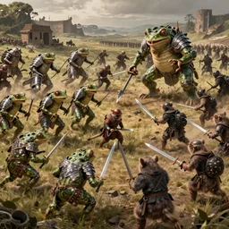 an expansive battlefield scene showing a battle between bipedal medieval armored frogs and bipedal rat men with swords, extremely detailed, 8k resolution, in lord of the rings, cinematic, art by artgerm