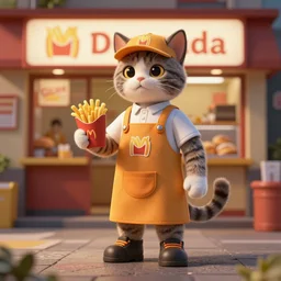 a humanoid cat fast food worker