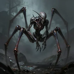 calne ca male cyborg character with pointy long extended limbs, spider legs spider legs many legs fnaf, scifi, fantasy, horrific monster character, extremely long limbs, creepy, intricate details, octane render, digital painting, artstation, concept art, sharp focus, illustration digital painting, art by wlop