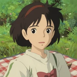 portrait of a woman having a picnic in a lush park, delicate ilya kuvshinov face, highly detailed, cel shading, digital painting, anime key visual, in the style of hayao miyazaki and alphonse mucha