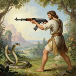 Adam shooting the snake with an AK-47 in the heavenly gardens, biblical painting by Gustave Doré, black and white palette, detailed
