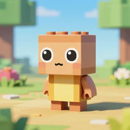 tiny creature made of one brick, big cute eyes, cute looking, kawaii, shallow depth of field, character, game concept art, blocky, lego mixels inspired, pokemon inspired, flat colors like katamari damacy, blocky like minecraft, promotional image, 3 d rendering, octane render