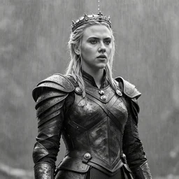 black and white, scarlett johansson as a white walker, wearing rain soaked armour in the pouring rain and a crown, frank frazetta manga style, hyper realism, pencil and ink, full body standing pose, dynamic lighting in a post apocalyptic city and huge gothic castle in the background, at night with dramatic moonlight, drawn with added movement effects, cinematic effects vfx, dynamic angle