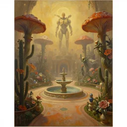 an oil painting by donato giancola, warm coloured, cinematic scifi luxurious futuristic foggy biomechanical victorian garden circular courtyard with bulbous alien floral fungi cactus growing out of pretty ceramic baroque fountains, gigantic pillars and flowers, beeple, halo, star wars, ilm, star citizen, halo, mass effect, artstation, atmospheric perspective