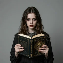 photo of the girl, her cat and her sinnister dreadful book of necronomicon, symmetrical, cinematic, real dlsr photography, sharp focus, 4 k, ultra hd, sense of awe, horror journal cover