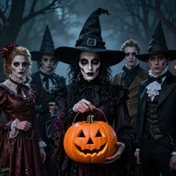 portrait of a ghoulish victorian witch dark cheekbones holding a jack - o - lantern, halloween night, charlie bowater, artgerm, ilya kuvshinov, krenz cushart, ruan jia, realism, ultra detailed, 8 k resolution