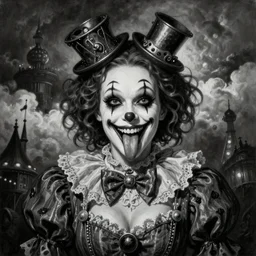By Tom Bagshaw, ultra realist soft painting of a curiosities carnival by night, Female steampunk Clown smiling long tongue dirty teeth and dressed, horror, omnious sky, symmetry accurate features, very intricate details, black and white, volumetric light clouds