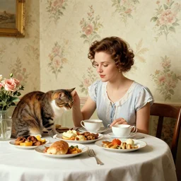 a girl has breakfast with her cat at the table filled with food, flowery wallpaper, 1 8 8 0 s style, professional photography
