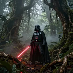 an endless overgrown rotting wood peruvian ancient jungle shrouded in mist, darth vader and red light sabre in the mist, gnarled roots, hi detail, unreal render, octane render, dramatic realism