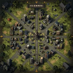 top down battlemap with city buildings, post - apocalyptic, style of darkwood game