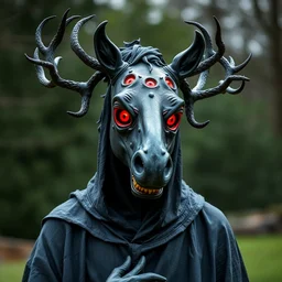 an ominous haunting horse mask with many red eyes and twisting antlers figure wearing a black robe, ( ( ( smiling ) ) ), full figure, statue