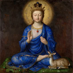 Portrait of a Buddhist deity with deer. Lapis Lazuli, malachite, cinnabar. Painting by Piero della Francesca, Balthus, Agnes Pelton