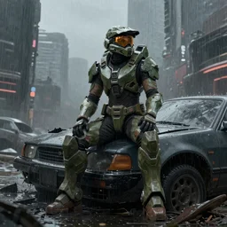 character portrait of a woman warrior in halo spartan mjolnir armor sitting on top of a broken car in a desolate cyberpunk wasteland city, 8 k, realistic shading, concept art, digital painting, illustration, matte painting, moody lighting, sharp focus, minimal artifacts, wet, octane render, halo infinite, heavy rain, rainstorm