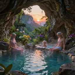 cozy mountain hot springs hidden in a cave, lush trees and flowers, sunset, nephilim, rippling pools of water, ethereal, fantasy, James Jean, oozium, peter morbacher, angelarium, alchemy, luxury, heavenly light, Soft illumination, Trending on artstation, Cinematic Lighting, digital painting, octane render, artgerm