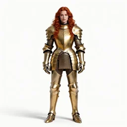 red-haired paladin in golden armor, photorealistic portrait photography, full body, standing, isolated on a pure white background, centered, whole figure in frame, sharp focus, studio lighting
