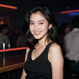 A girl in the Nightclub in Indonesia, smile, 90's professional color photograph.