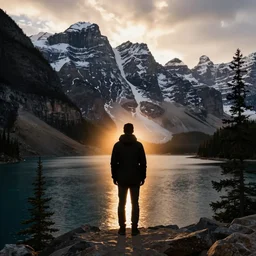 a silhouette of a person looking over the Canadian Rockies, award winning photograph, 4K, bloom