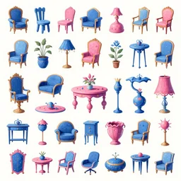game asset of wide range of random furniture and decoration, in gouache detailed paintings, props, stylized, 2 d sprites, kitbash, arcane, overwatch, blue and pink color scheme, 8 k, close up