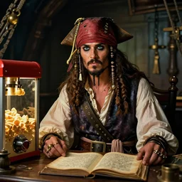 a Minotaur pirate in the captain’s cabin of his ship, there is a popcorn machine and a book of spells on his desk