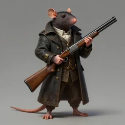 a highly detailed illustration of one anthropomorphic rat wearing a long coat holding a wooden shotgun, dramatic standing, intricate, elegant, highly detailed, centered, digital painting, artstation, concept art, smooth, sharp focus, league of legends concept art, wlop
