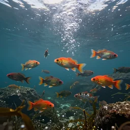 ultra realistic underwater photography, panoramic picture of a river with a big number of large, brightly colourful fish. lots of bubbles, little seaweed and some rocks. gloomy scattered light entering from the water surface, artstation, 8 k