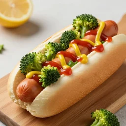 promotional photo of a delicious hot dog with broccoli, ketchup and mustard, detailed, uhd, 8k,