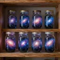 keeping multiple universes in jars on a wooden shelf, 4 k, photorealistic, galaxies, stars in jars, glowing jars