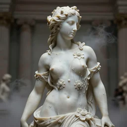the medium shot of sculpture of a beautiful woman with flowing tears, fractal flowers on the skin, intricate, a marble sculpture by nicola samori, behance, neo - expressionism, marble sculpture, made of mist, still frame from the prometheus movie by ridley scott with cinematogrophy of christopher doyle, arri alexa, anamorphic bokeh, 8 k