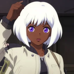 anime poster film still portrait, black young woman, black skin colour, large, purple eyes!!!, white french bob, bomber jacket, detailed facial features, dynamic pose, cute face by ilya kuvshinov, yoh yoshinari, makoto shinkai, rimlight, cel shaded, 4 k