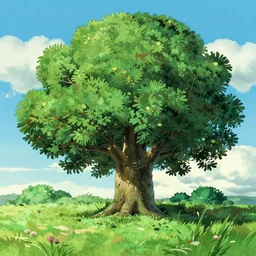 a landscape of a single tree with bushes nearby, studio ghibli, castle in the sky, animated, anime, illustrated, vibrant, by greg rutkowski, by miyazaki, dungeons and dragons on artstation