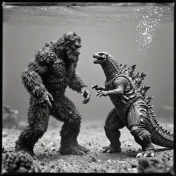 tintype photo, underwater, Bigfoot fighting Godzilla