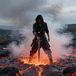 Man holding a sword over a lake of lava, surrounded by smoke, 4k, trending on artstation