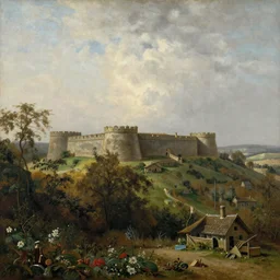 Painting of a 19th century fort overlooking woodland. High resolution and detailed. In the style of John Constable