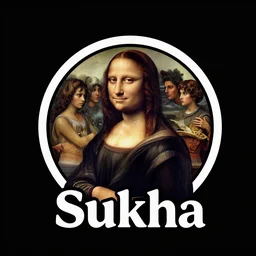 Sukha logo with people inside in the style of Leonardo da Vinci, black background