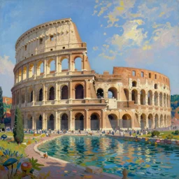 a colorful and beautiful painting, ancient colosseum besides the sea, by James Gurney, Greg Rutkowski and Monet, artstation