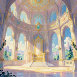 the inner throne room of the massive fantasy castle, vivid intricate vibrant elaborate pastel inks, background landscape environment illustration, brad rigney willian murai ilya repin dragan bibin pete mohrbacher, raymond swanlandy stephan matiniere.