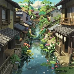 above view, sun rays, studio ghibli style, steampunk, The ground was flooded with a layer of shallow water, narrow alley in town of Kyoto, fantasy lush vegetation and flowers, miyazaki, don bluth, nausicaa, Shinkai Makoto, flowers, white drogan, dappled lighting, cinemati, highly detailed, photo realistic
