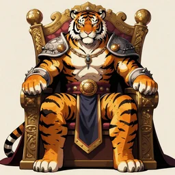 anthropomorphic tiger warlord sit on his throne in the style of Akira Toriyama, digital art, detailed, stylized, full body portrait