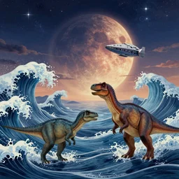 the eternal twilight planet, brave waves ocean, two dinosour on the foreground a spacesip flying above them, art by emmanuel shiu