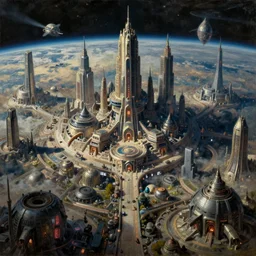 a vast planetary sci-fi city, ((In style of Bekisnski, Tsutomu Nihei, Dark Fantasy, warhammer 40.000)), oil on canvas, artstation, dramatic scenery, masterpiece, aesthetic