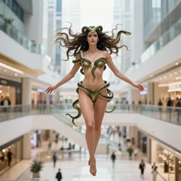2 0 0 mm demigoddess, floating over midtown mall, snake entwined hair, martin schoeller, oleg bulakh, id magazine, epic scene, soft neon dynamic lighting, intricate, detailed, makoto shinkai, takashi takeuchi, studio ghibli, akihiko yoshida, sharp focus, photoreal, 8 k