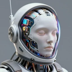 portrait of a biomechanical head inside a futuristic space helmet, organic transistors, neon, tron, white metal, iridescent visor,  smooth, sharp focus, octane render, high detail, art by Greg Rutkowski and Alphonse Mucha and Giger,
